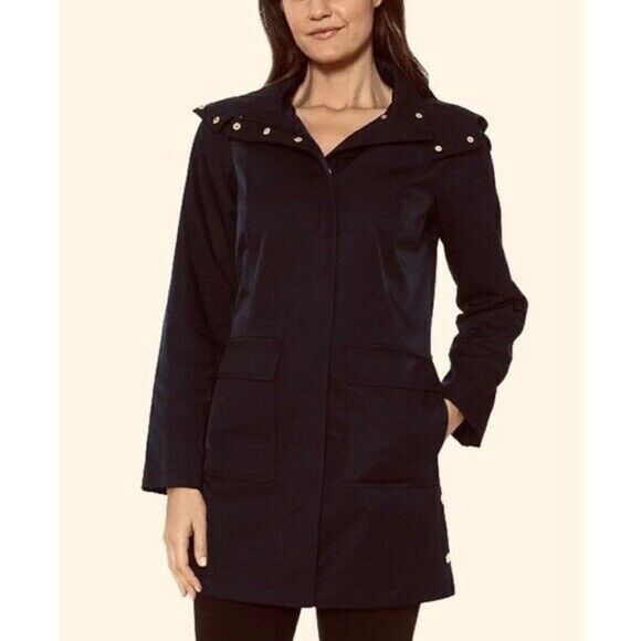 Jones New York Hooded Black Snap-Collar Raincoat Size Small NWT - Picture 1 of 9